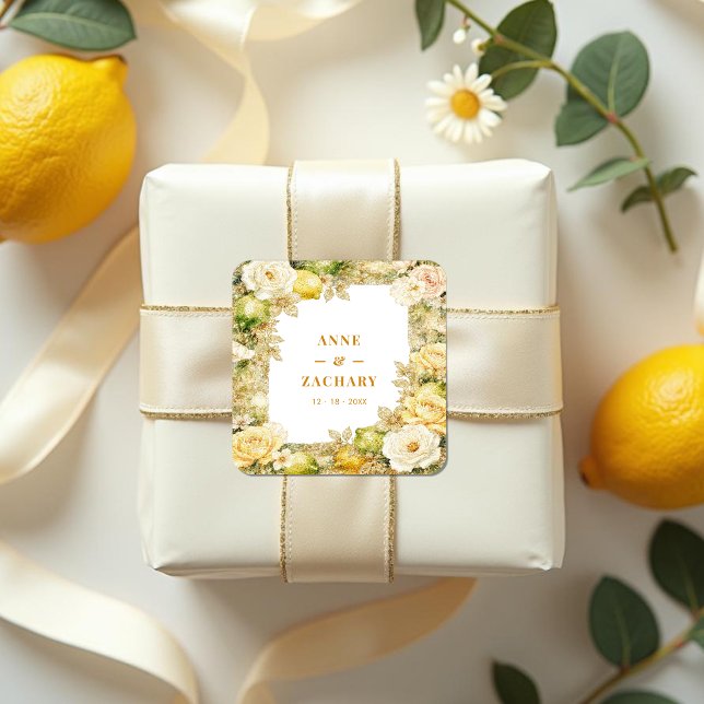 Luxury Delicate Mediterranean Lemons & Flowers Quadratischer Aufkleber (Luxury Delicate Mediterranean Lemons & Flowers Frame Wedding Square Stickers with Digital Glitter.)