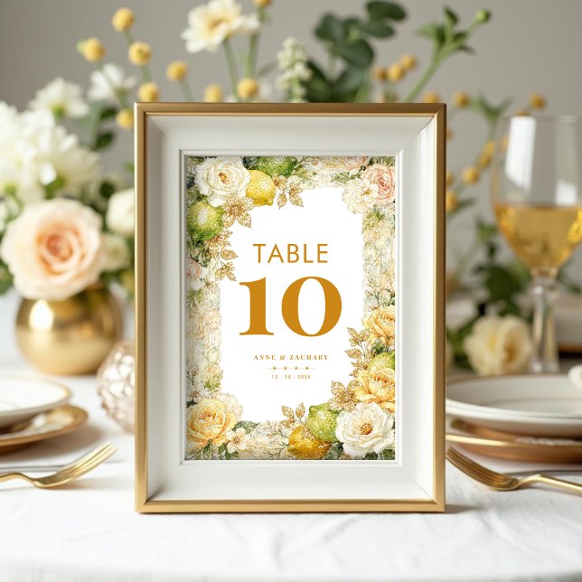 Luxury Delicate Mediterranean Lemons & Flowers  Tischnummer (Luxury Delicate Mediterranean Lemons & Flowers Frame Table Number Cards with Digital Glitter Effect.)