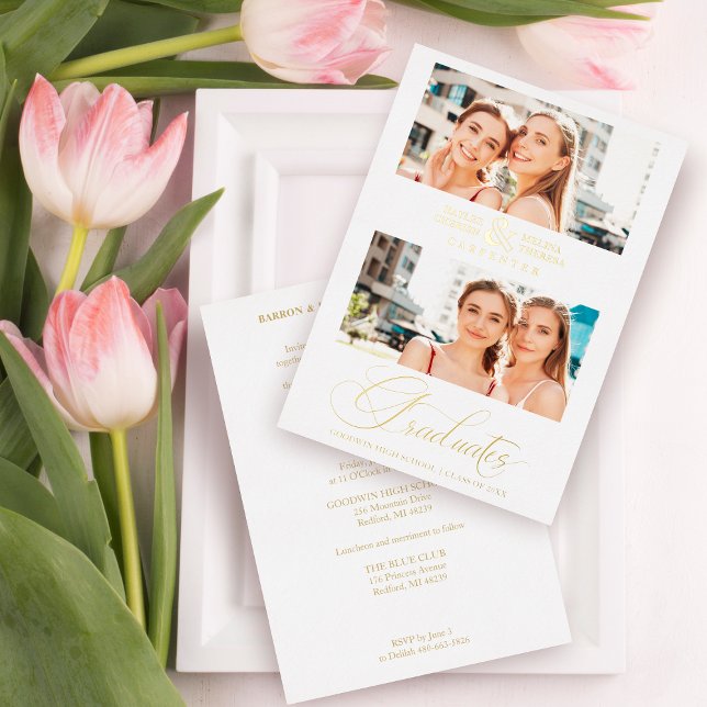 Luxury Double Graduation Chic Golden 2 Photos  Folieneinladung (Von Creator hochgeladen)