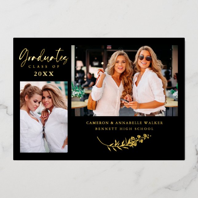 Luxury Double Graduation Golden Branches 2 Photos  Folieneinladung (Vorderseite)