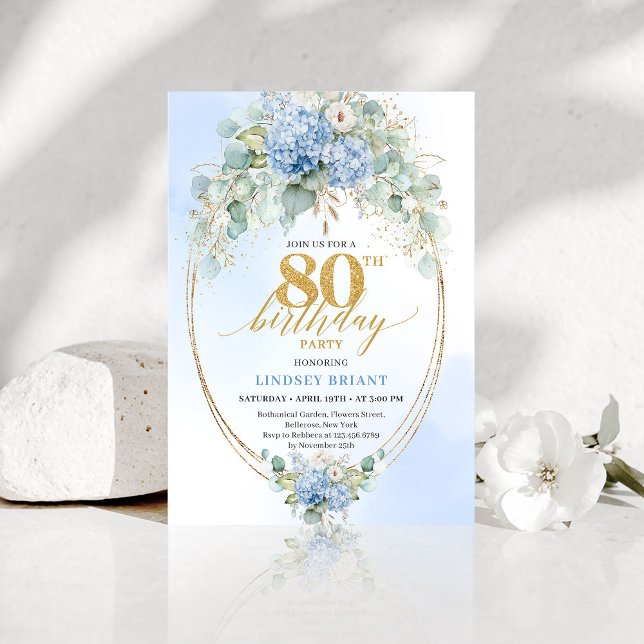 Luxury Dusty Blue Floral Gold 80th Birthday Invite Einladung (Luxury Dusty Blue Floral Gold 80th Birthday Invite)