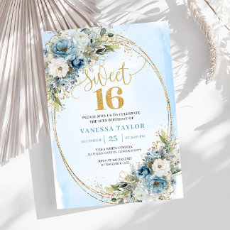 Luxury Dusty Blue Floral Sweet Sixteen Birthday  Einladung