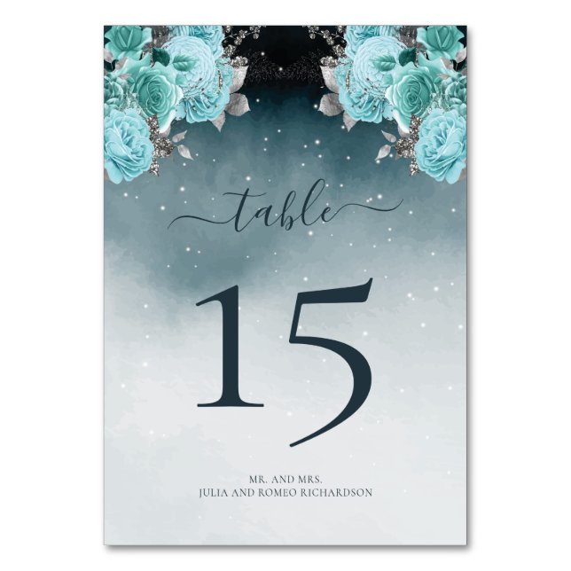 Luxury Dusty Blue Floral Wedding Tischnummer (Vorderseite)