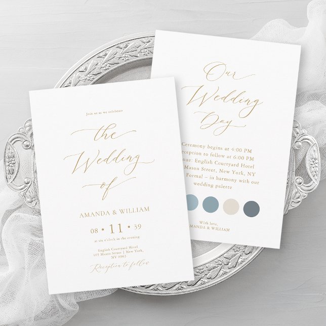 Luxury Dusty Blue & Gold Hochzeit Einladung (Von Creator hochgeladen)