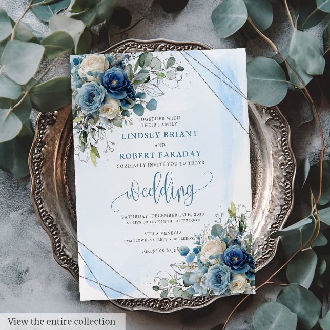 Luxury Dusty Blue Silver Floral Wedding Einladung (Luxury Dusty Blue Silver Floral Wedding Invitation)