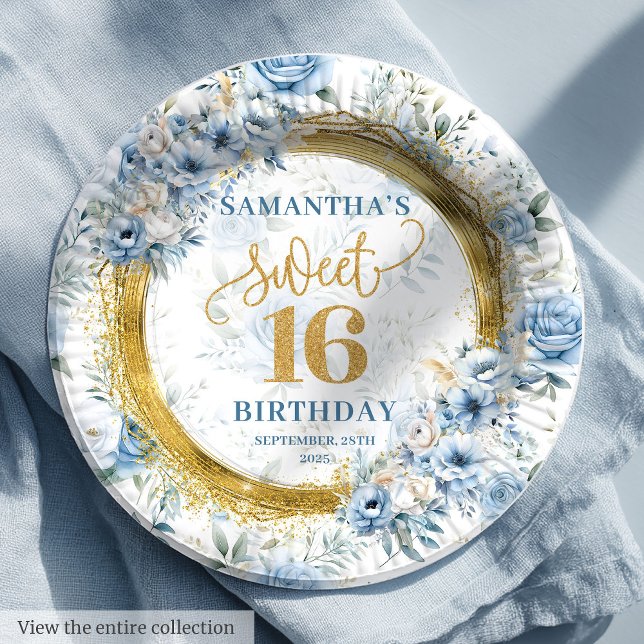Luxury Dusty Blue Sweet 16 Gold Glitzer Party Pappteller (Luxury Dusty Blue Sweet 16 Gold Glitter Party Paper Plates)