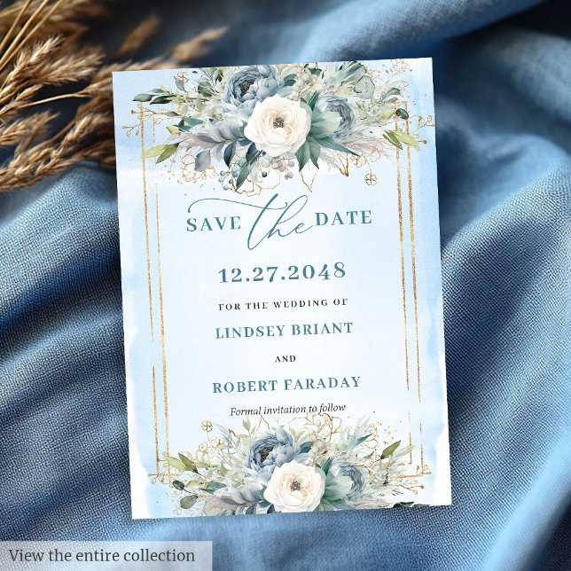 Luxury Dusty Blue White Gold Peonies Save the Date Einladung (Luxury Dusty Blue White Gold Peonies Save The Date)