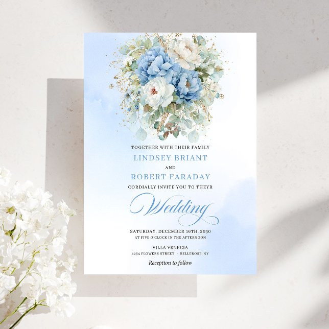 Luxury Dusty Blue White Peony Wedding Invitation Einladung (Luxury Dusty Blue White Peony Wedding Invitation)