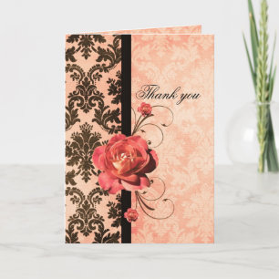 Luxury Elegant Damask Coral Rose Danke Karte