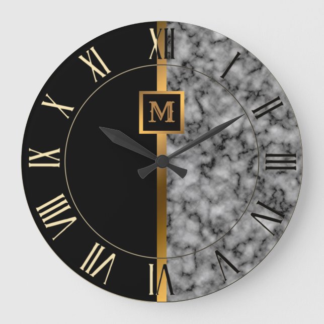 Luxury Elegant Modern Black Gold Marble Große Wanduhr (Vorderseite)