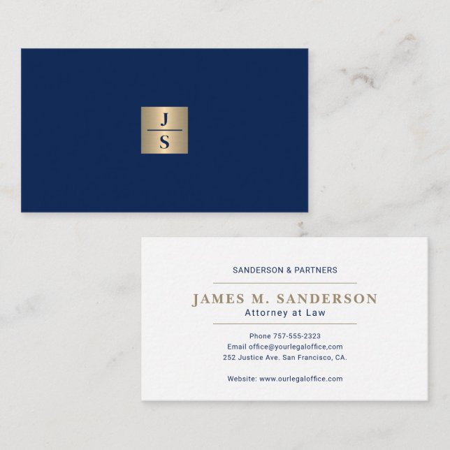 Luxury elegant monogram navy gold attorney visitenkarte (Vorne/Hinten)