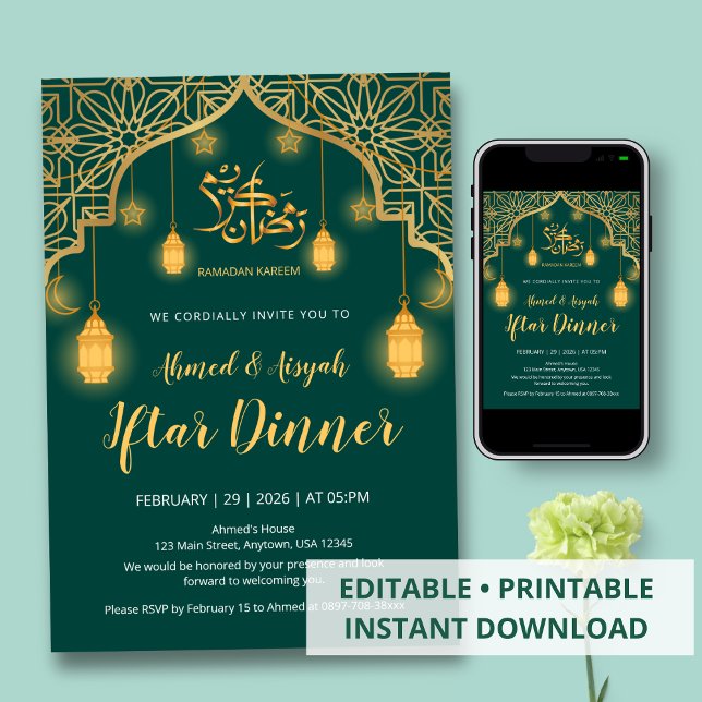 Luxury Emerald Green and Gold Geometric Iftar Einladung (Von Creator hochgeladen)