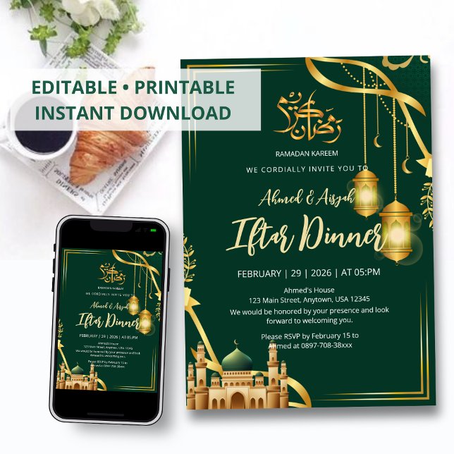 Luxury Emerald Green and Gold Mosque Iftar Dinner Einladung (Von Creator hochgeladen)