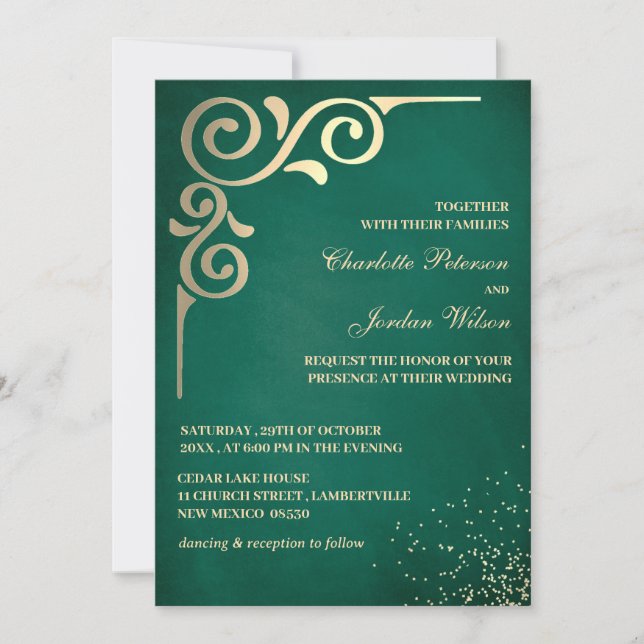 Luxury Emerald Green and Gold Wedding Einladung (Vorderseite)
