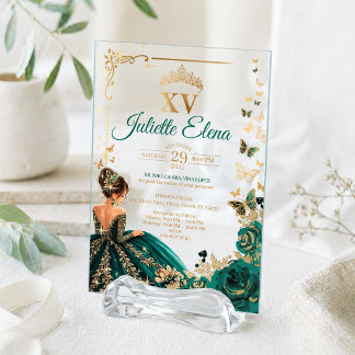 Luxury Emerald Green & Gold Acrylic Quinceañera Acryleinladungen