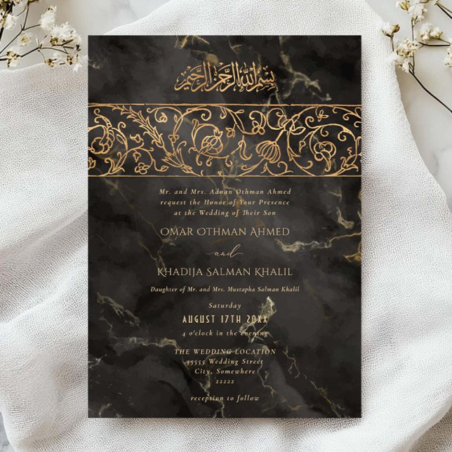 Luxury Floral Gold Black Marble Islamic Wedding Einladung (Von Creator hochgeladen)