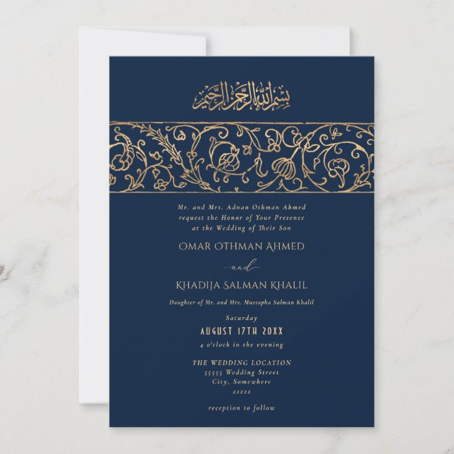 Luxury Floral Gold Navy Blue Islamic Wedding Einladung (Vorderseite)