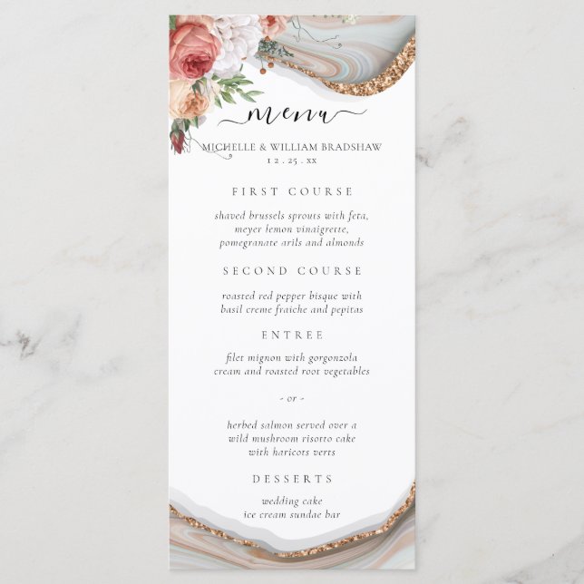 Luxury Floral Marble Wedding Menükarte (Vorderseite)