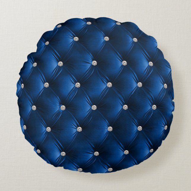 Luxury Glam Blue Soft Grau Imitats Velvet Rundes Kissen (Vorderseite)