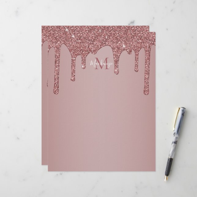 Luxury Glam Rose Gold Driving Glitzer Monogram Briefbogen (Vorderseite/Rückseite Beispiel)