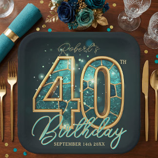 Luxury Glam Teal Gold Agate 40th Birthday Party Pappteller