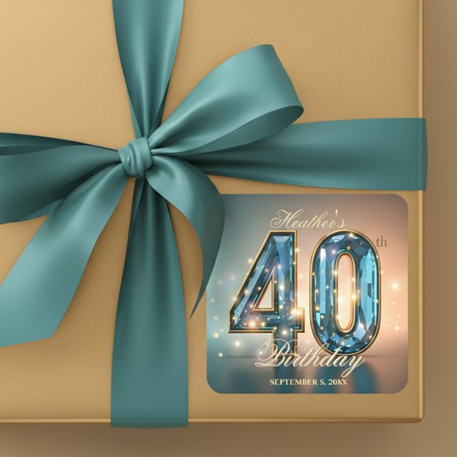 Luxury Glamorous Chic Teal Crystal 40th Birthday Quadratischer Aufkleber (Von Creator hochgeladen)