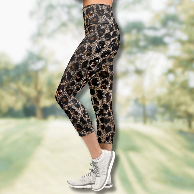 Luxury Glitter Brown Black Gold Leopard Pattern Capri Leggings (Von Creator hochgeladen)