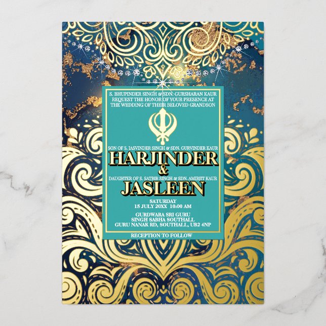 Luxury Glitzer Blue Sikh Anand Karaj Indian Folieneinladung (Vorderseite)