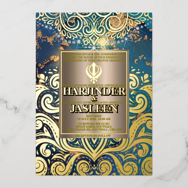 Luxury Glitzer Blue Sikh Anand Karaj Indian Folieneinladung (Vorderseite)
