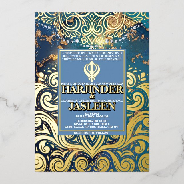 Luxury Glitzer Blue Sikh Anand Karaj Indian Folieneinladung (Vorderseite)