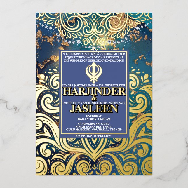 Luxury Glitzer Blue Sikh Anand Karaj Indian Folieneinladung (Vorderseite)
