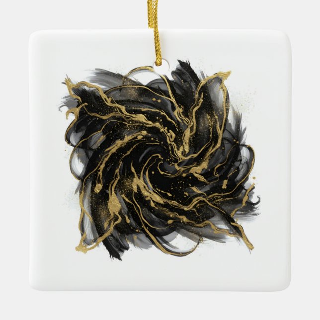 Luxury Gold and Black Abstract Marble Ink Flow Keramikornament (Vorderseite)