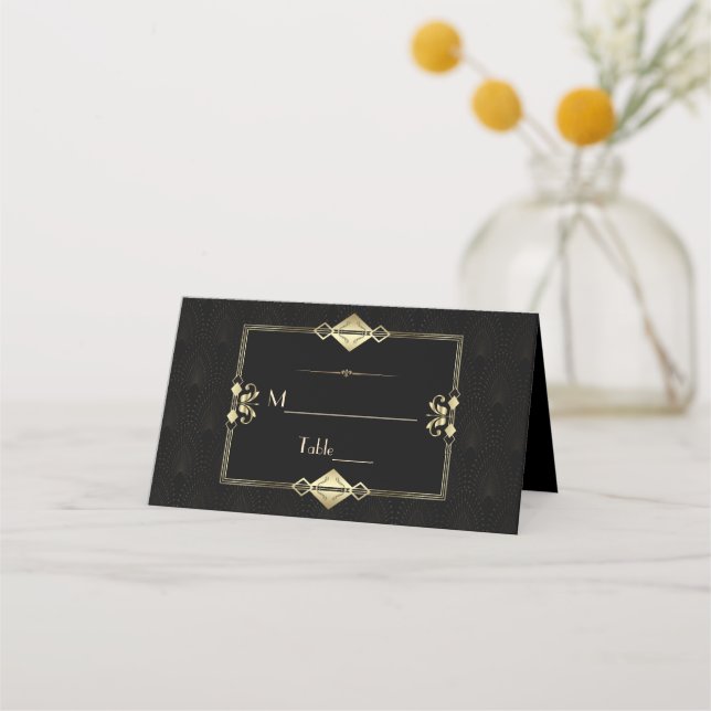 Luxury Gold Black Art Deco 1920er Hochzeit Platzkarte (Rückseite)