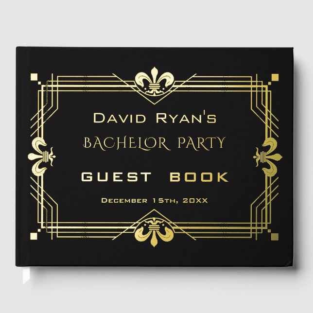 Luxury Gold Black Art Deco 20s Bachelor Party Gästebuch (Vorderseite)