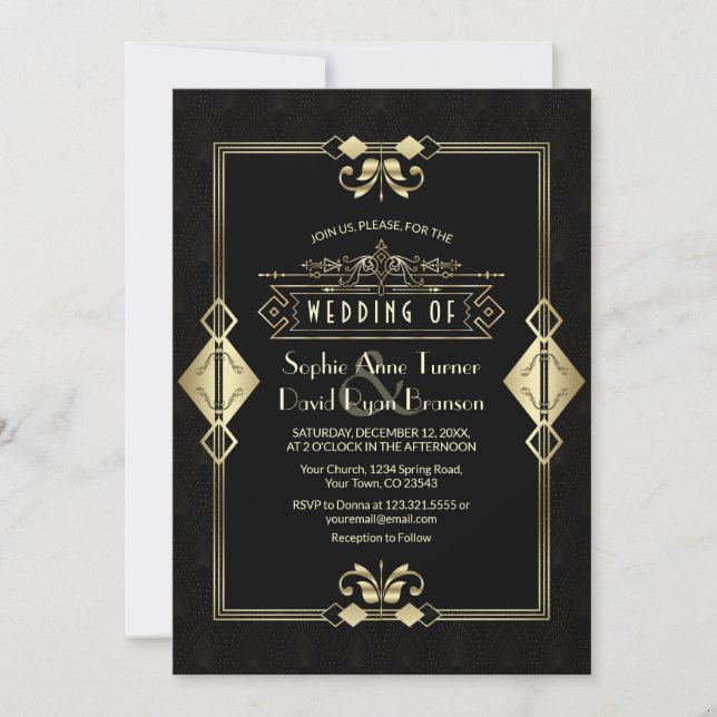 Luxury Gold Black Art Deco Fleur-de-Lis Wedding Einladung (Vorderseite)