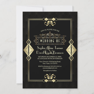 Luxury Gold Black Art Deco Fleur-de-Lis Wedding Einladung