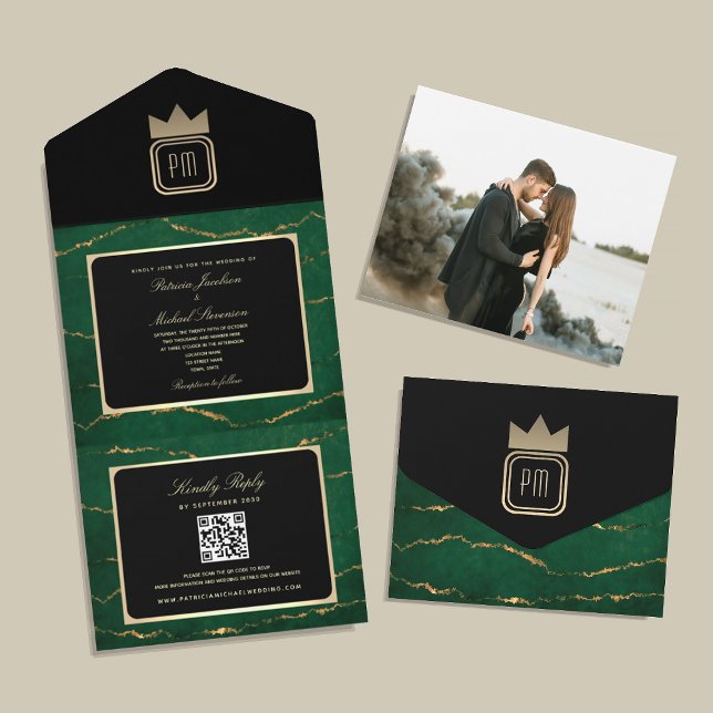 Luxury Gold Black Emerald Green Monogram Wedding All In One Einladung (Von Creator hochgeladen)