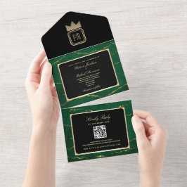 Luxury Gold Black Emerald Green Monogram Wedding All In One Einladung
