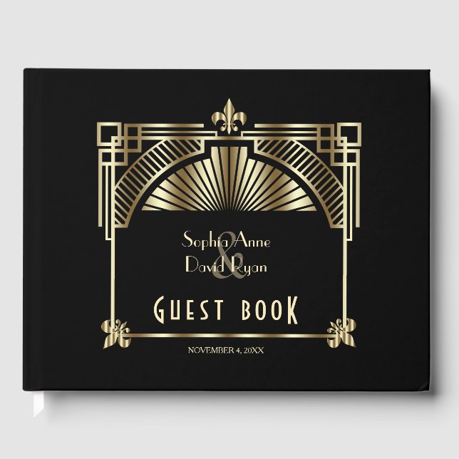 Luxury Gold Black Great Gatsby Roaring 20er Hochze Gästebuch (Vorderseite)
