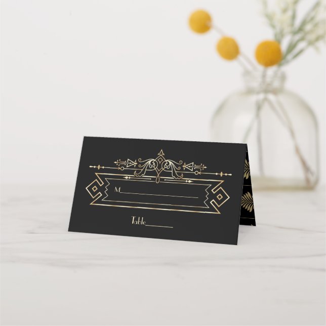 Luxury Gold Black Great Gatsby Roaring 20er Hochze Platzkarte (Vorderseite)
