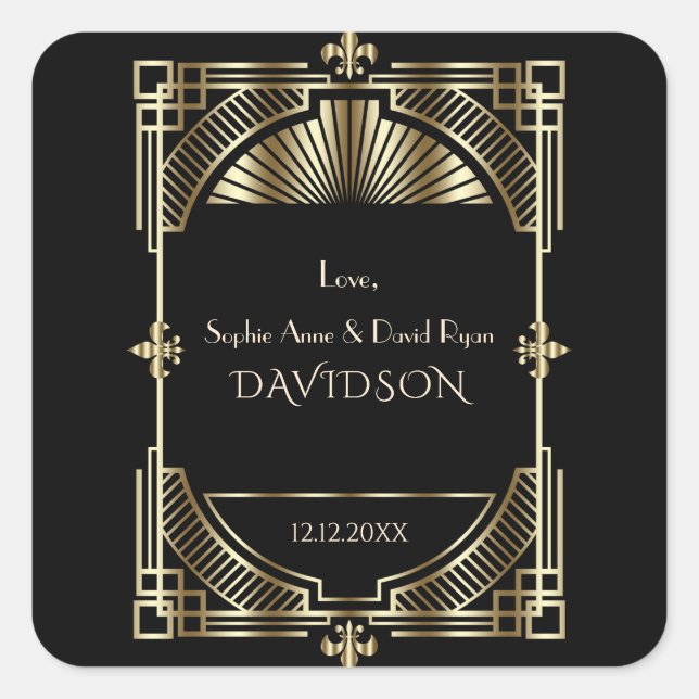 Luxury Gold Black Great Gatsby Roaring 20er Hochze Quadratischer Aufkleber (Vorderseite)