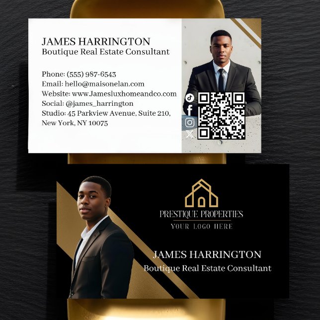 Luxury Gold & Black Real Estate Agent Photo Logo Visitenkarte (Luxury Gold & Black Real Estate Agent Photo Logo Business Card)