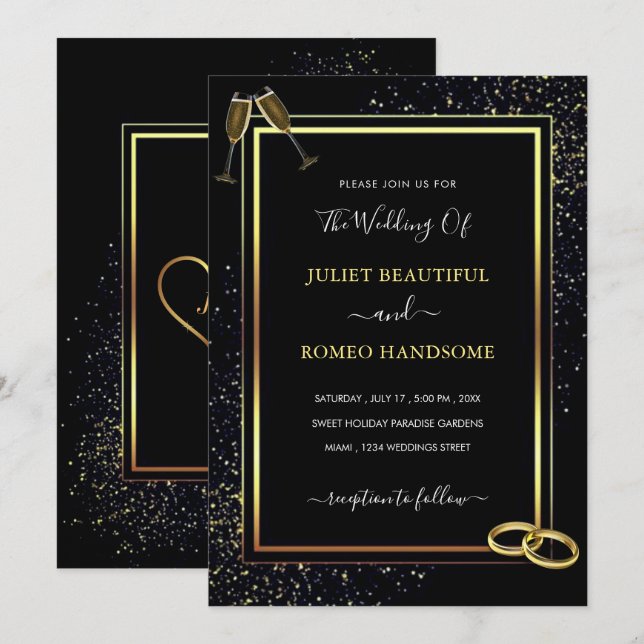 Luxury Gold Black Wedding Einladung (Vorne/Hinten)