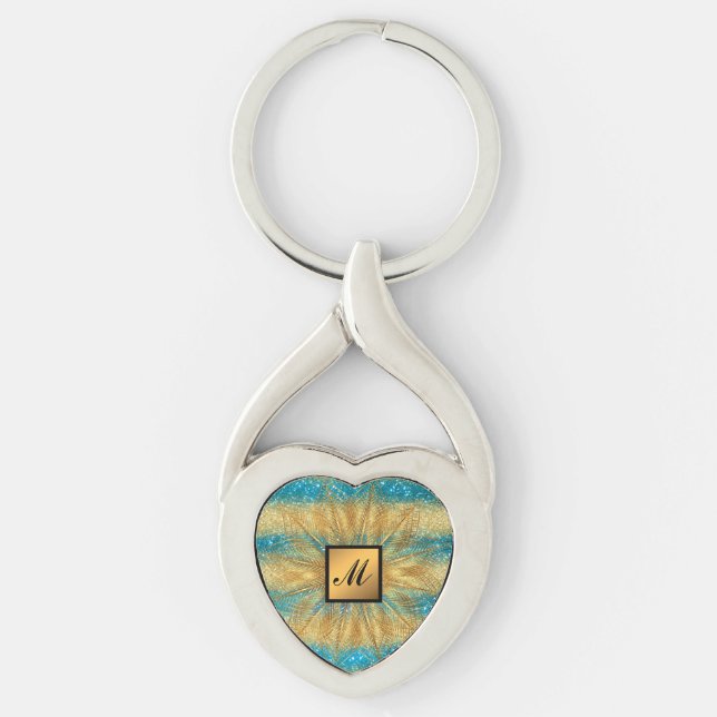 Luxury Gold Blue Glitzer Mit Monogramm Geschenk Schlüsselanhänger (Vorderseite)