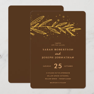 Luxury Gold Botanical Foliage Brown Wedding Einladung