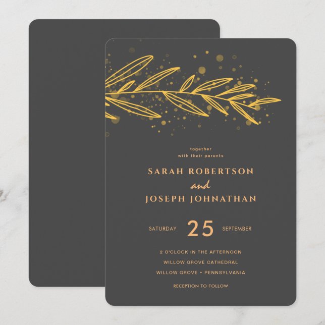 Luxury Gold Botanical Foliage Gray Wedding Einladung (Vorne/Hinten)