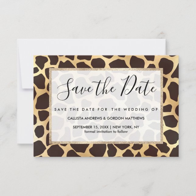 Luxury Gold Brown Giraffe Tierdruckmuster Save The Date (Vorderseite)