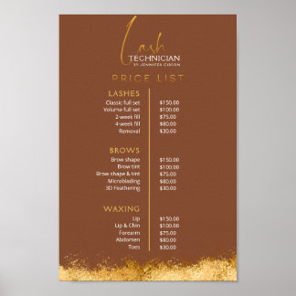 Luxury Gold & Brown Lash Tech Price List Poster