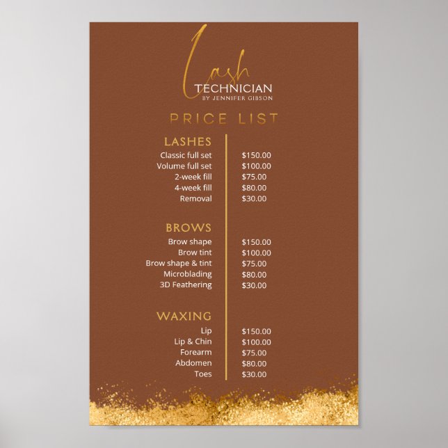 Luxury Gold & Brown Lash Tech Price List  Poster (Vorne)