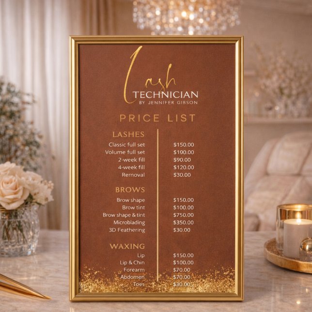 Luxury Gold & Brown Lash Tech Price List  Poster (Von Creator hochgeladen)